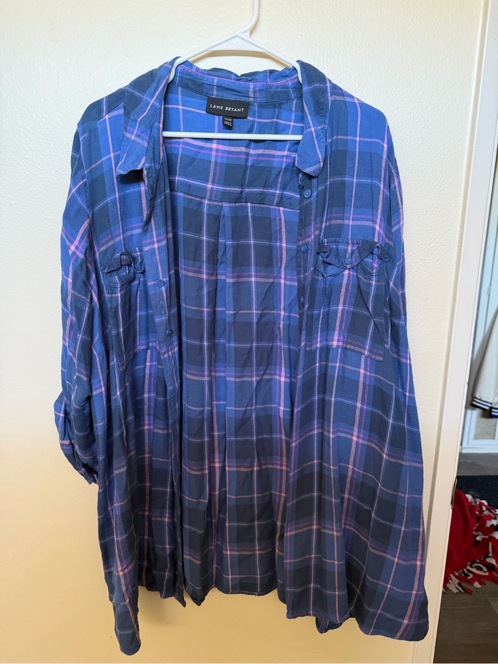 Lane Bryant Navy and Pink Plaid Button-Down Shirt